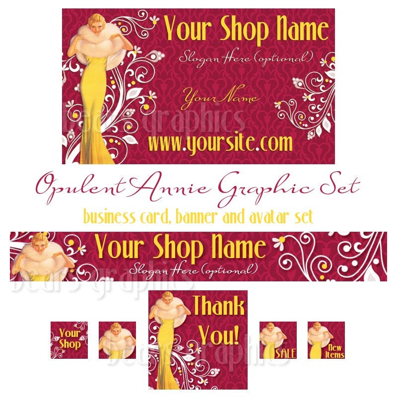 Etsy Banner, Business Card and Avatar Set - Opulent Annie, Red, Damask, Pin Up  - ON SALE