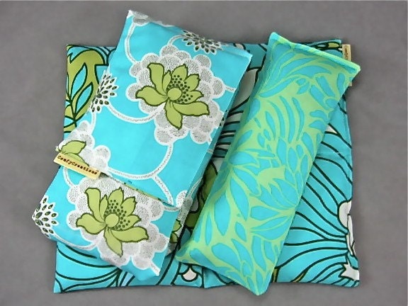3 PC Neck Wrap Back Pack Eye Pillow Gift Set Organic Flaxseed Rice Lavender Scented Spring Colors of Wildflowers in Turquoise