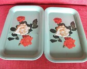 Pair of Matching 1950s Green Rose Trays