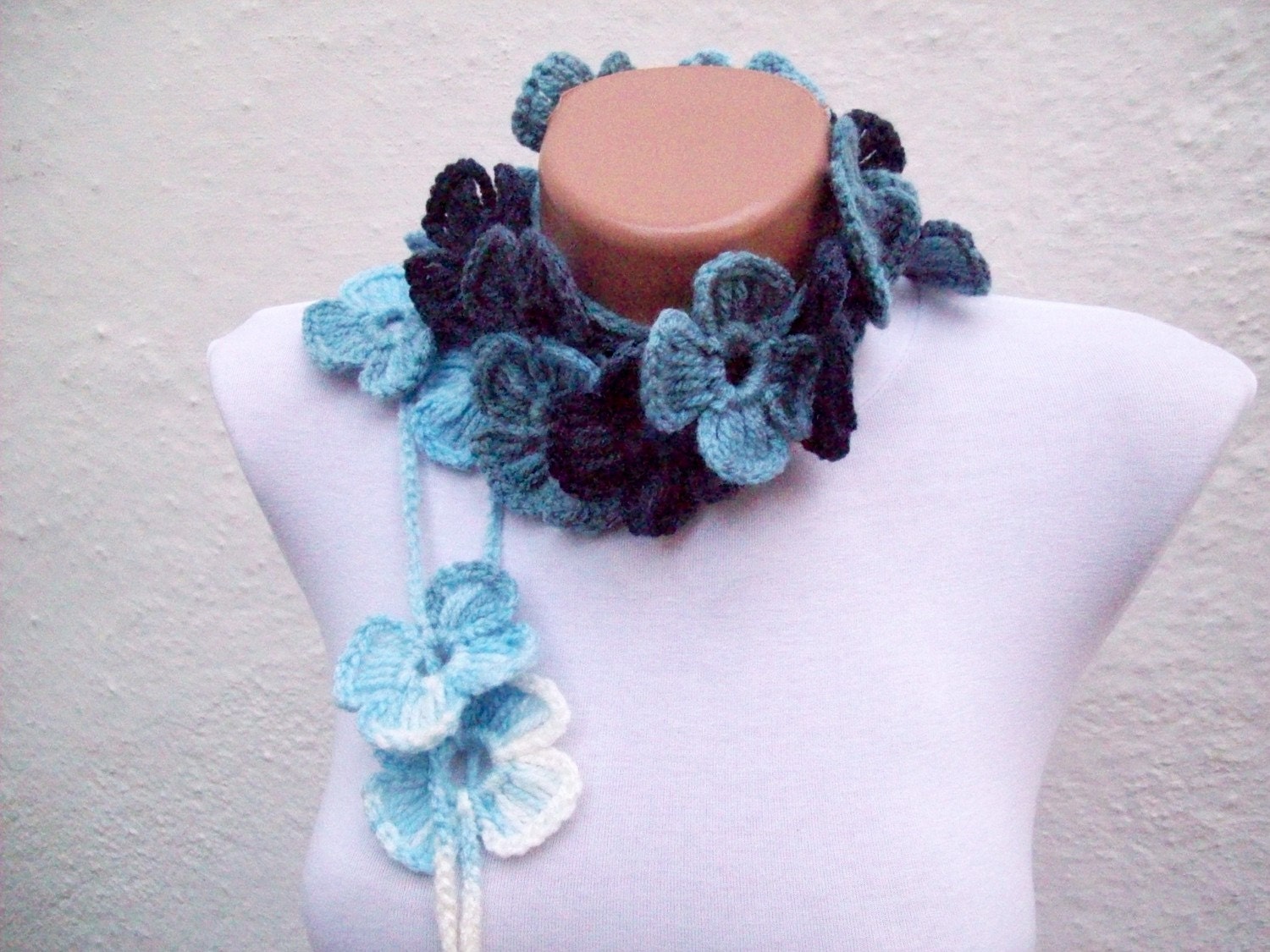 Hand crochet Lariat Scarf White Sky Blue  Navy Blue  Flower Lariat Scarf Colorful Variegated Long Necklace Winter Accessories