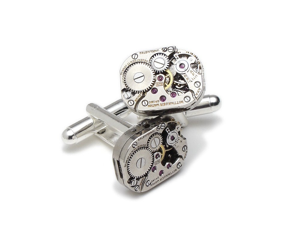Steampunk cufflinks antique silver petite watch movements gears wedding formal wear vintage mens cuff links jewelry by Steampunk Nation 1589