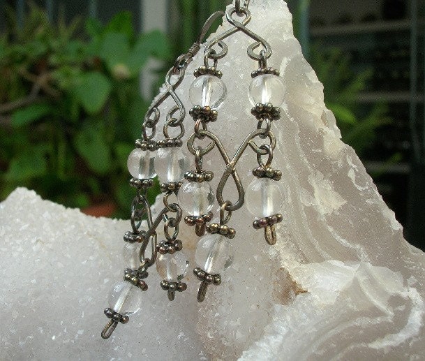 Clear Quartz Chandelier Antiqued Hammered Sterling Silver Wire Earrings