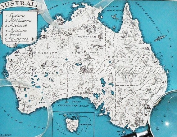 Vintage Maps - 1930s Australia - A Fun and Funky Vintage Picture Map to Frame