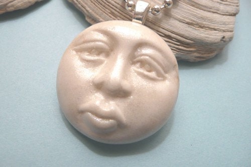 polymer clay jewelry Moon Face Pendant Pearlescent