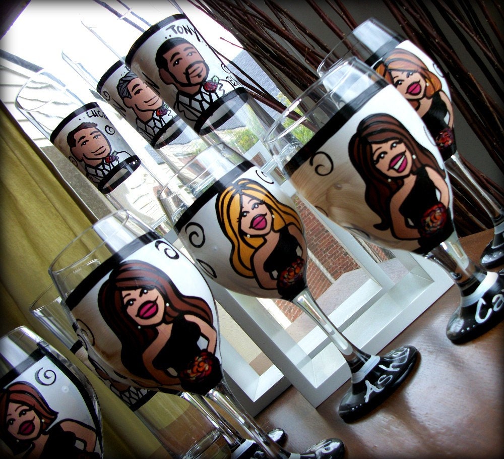 Bridal Party (6 glasses) Custom Hand Painted Wedding Glassware