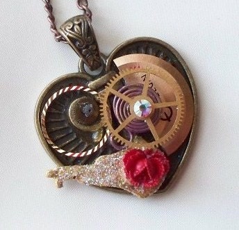 Valentine Steampunk Heart Necklace with Red Rose and Key