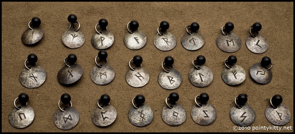Elder Futhark Rune Charm Pendant  - Recycled sterling silver hammered oxidized disc pendants