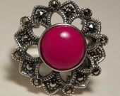 Cocktail Ring Vintage Sterling Silver Marcasite & Red Glass Cabochon Size 6
