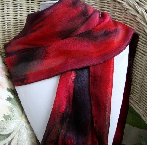 Red Black Hand Painted Silk Scarf