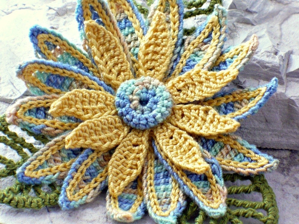 Crochet Brooch Irish Crochet Pin Daisy Yellow Blue Green