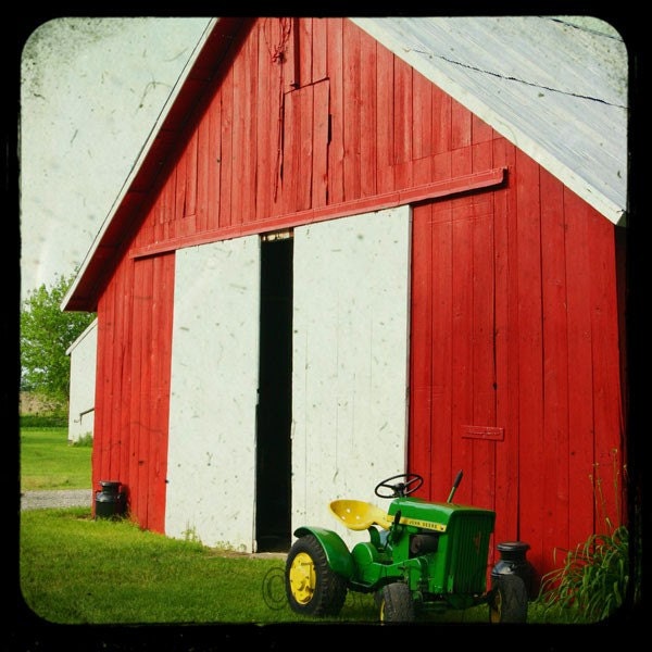 Midwestern Red Barn with John Deere Vehicle in Front - TTV Photograph - 8x8 Metallic Print