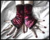 Blood Lust Boudoir Velvet Fingerless Gloves - Black Deep Red Paisley - Mesh Lace - Gothic Lolita Vampire Victorian Belly Dance Mourning Goth