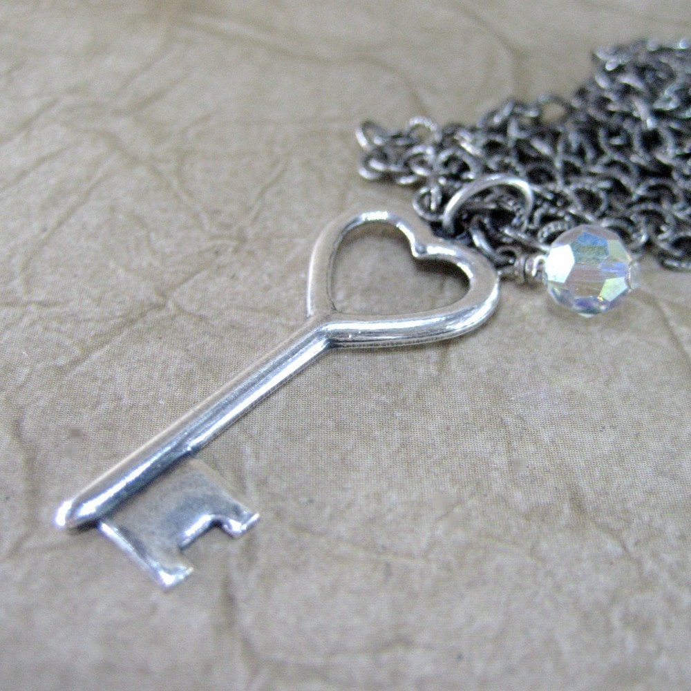 Skeleton Key Necklace - Key to Your Heart - Neo Victorian Antiqued Silver Tone Jewelry - Designed by A Second Time