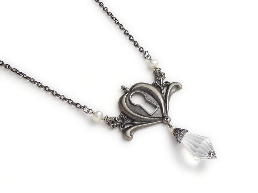 Victorian inspired antiqued silver key lock charm necklace genuine white pearls crystal briolette filigree keepsake Steampunk Nation R1037