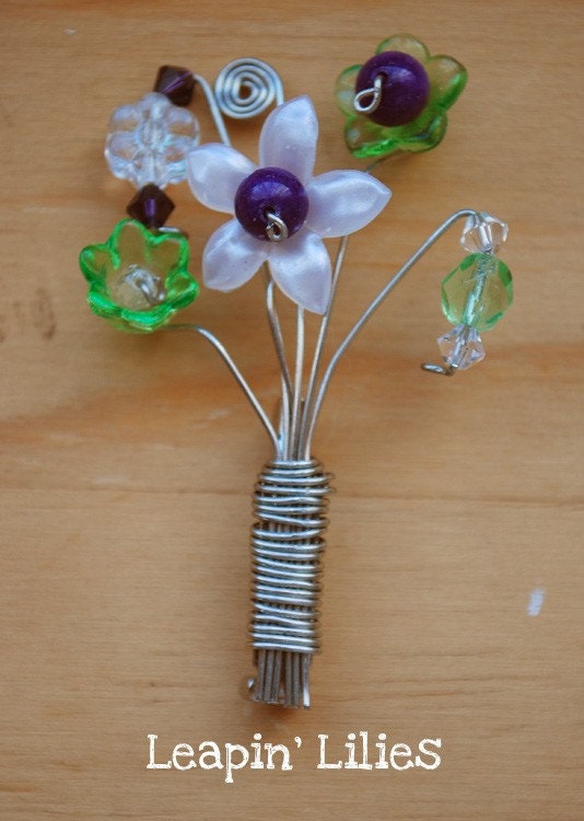 Blossom Pin Purple & Green beaded lapel pin