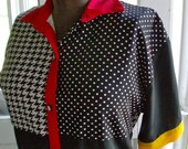 BLACK or WHITE Blouse /  Vintage 80's Graphic Color Block and Houndstooth Print Blouse