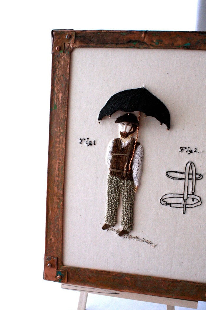 Fiber Art Hand Embroidery Invention Art Umbrella Man Textile Men Decor - Waterrose Fiber Art Hand Embroidery Invention Art Umbrella Man Textile Men Decor - Waterrose
