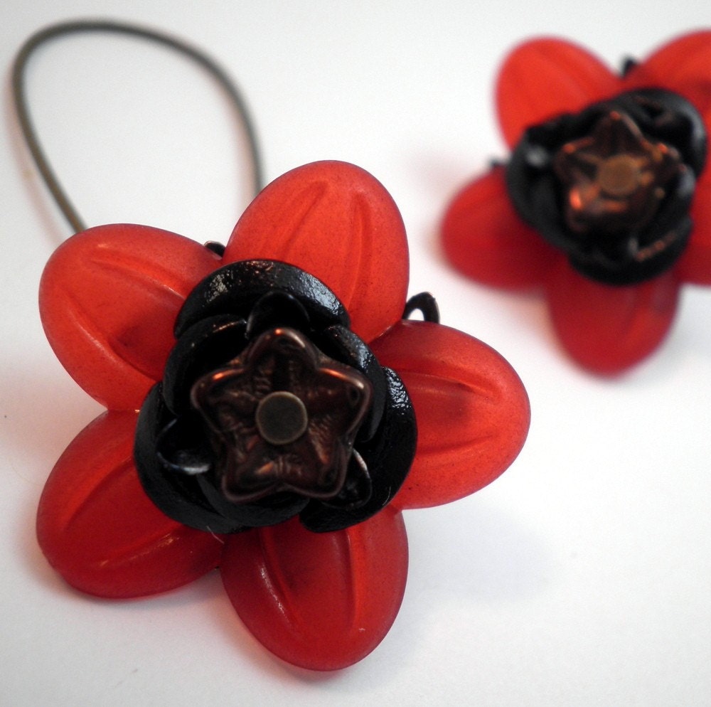 Victorian Gothic Daisy Earrings - Blood Red Jewel Toned Daisy with Black Aluminum and Bronze Flower Accents