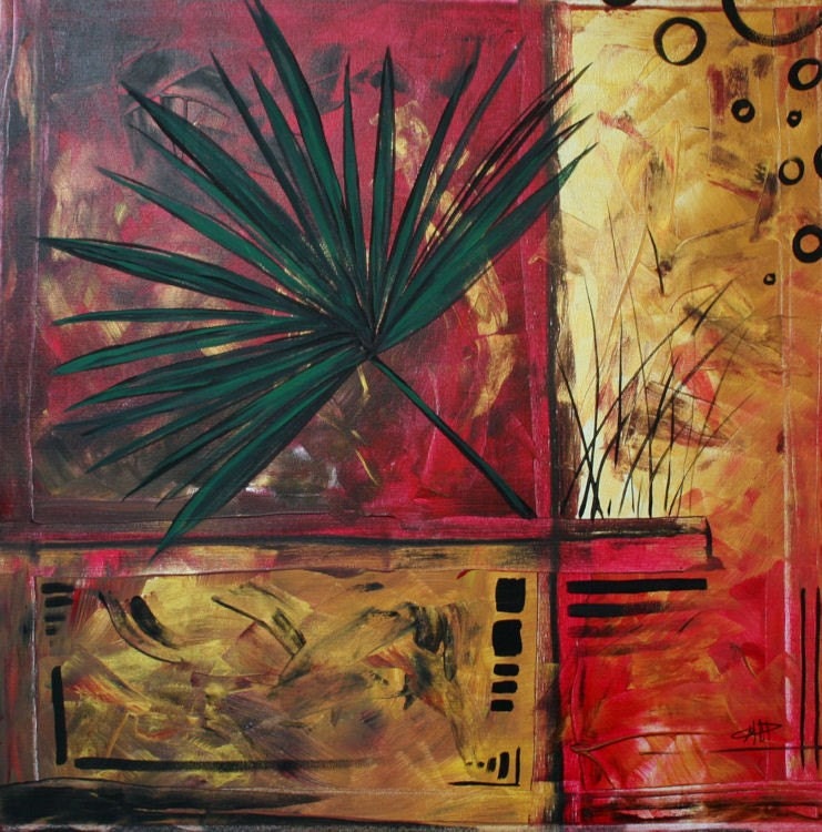 Sale  Original Painting Tropical Palm Frond Gold Art Modern by MADART 24x24 - Golden Leaves