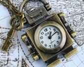 Steampunk pocket watch Necklace Victorian pendant charm pirate-Tiny Robot-SPACE TRAVELER with his great tool-KEY