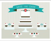Fun Eclectic Tiffany Box Blue Robins Egg Dessert Chocolate Brown Crimson Red Orange Candy Buffet Table Unique Save the Date Wedding Postcard