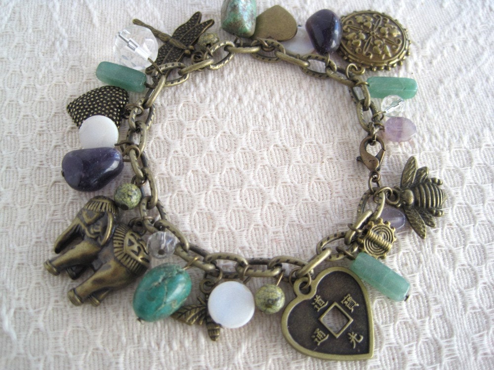 Charm Bracelet Elephant Bee Boho Amethyst Antique Brass