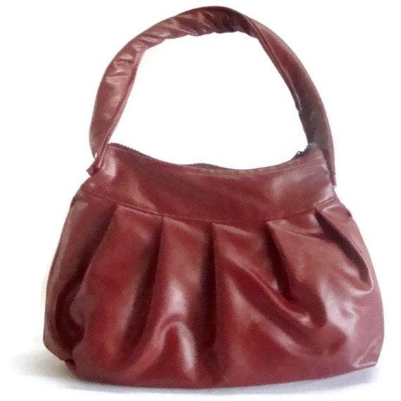 Garnet Red Leather Bag Pleated Vegan Purse Zip Top