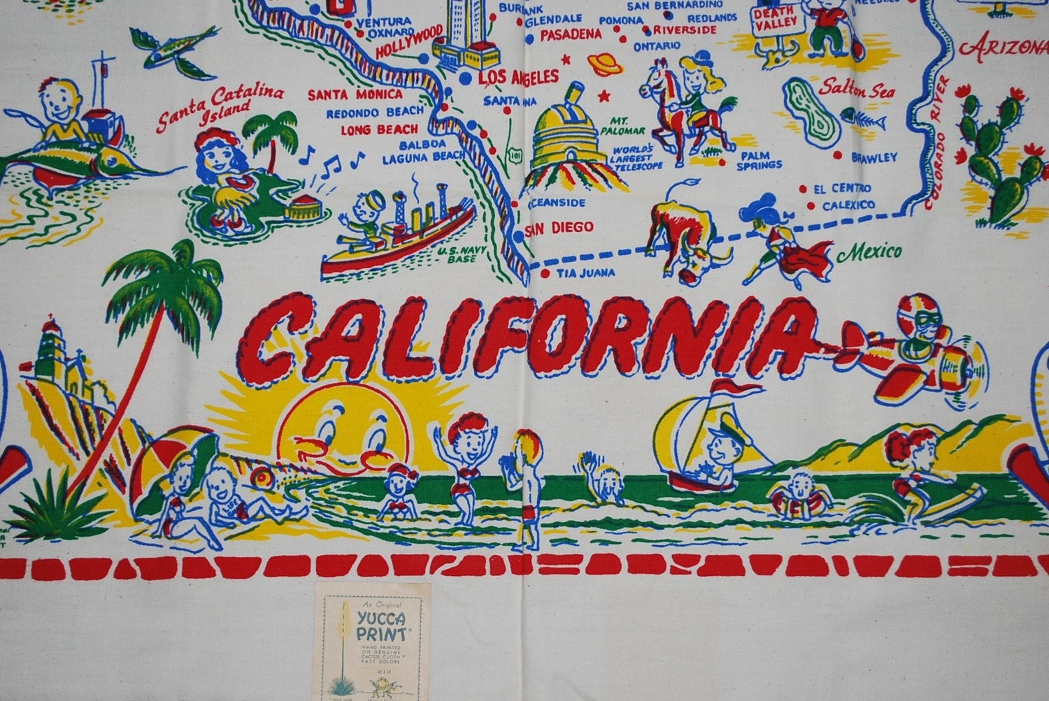 California Here I Come Vintage 1950s Tablecloth -Rose Bowl, San Diego Zoo, San Francisco, Los Angeles, Pacific Ocean-TREASURY ITEM
