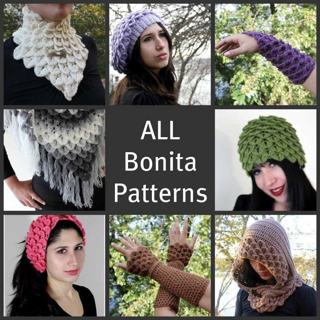 All Bonita Patterns Crocodile Stitch Collection of PDF Crochet Patterns (Shawl, Neckwarmer, Gloves, Hats, Headband)