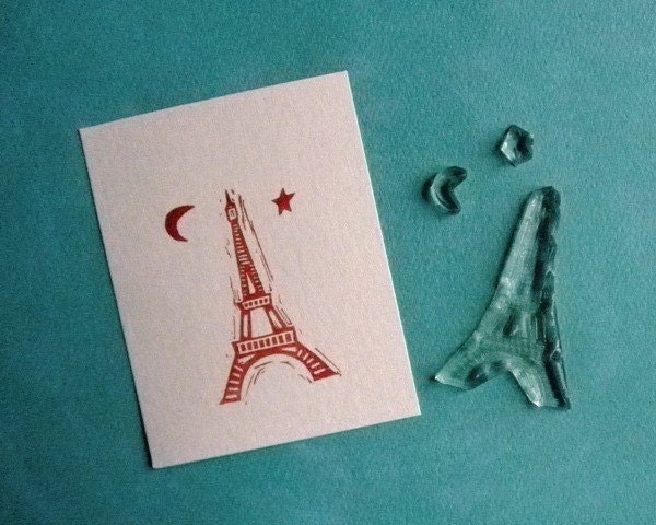 paris eiffel tower moon and stars clear polymer mini rubber stamp set