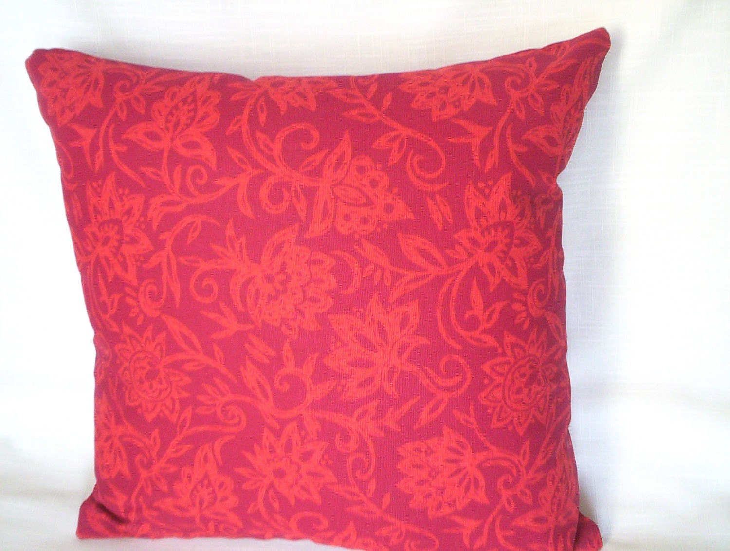 Accent Pillow - Bright Red and Orange Floral Print 16 Inch.