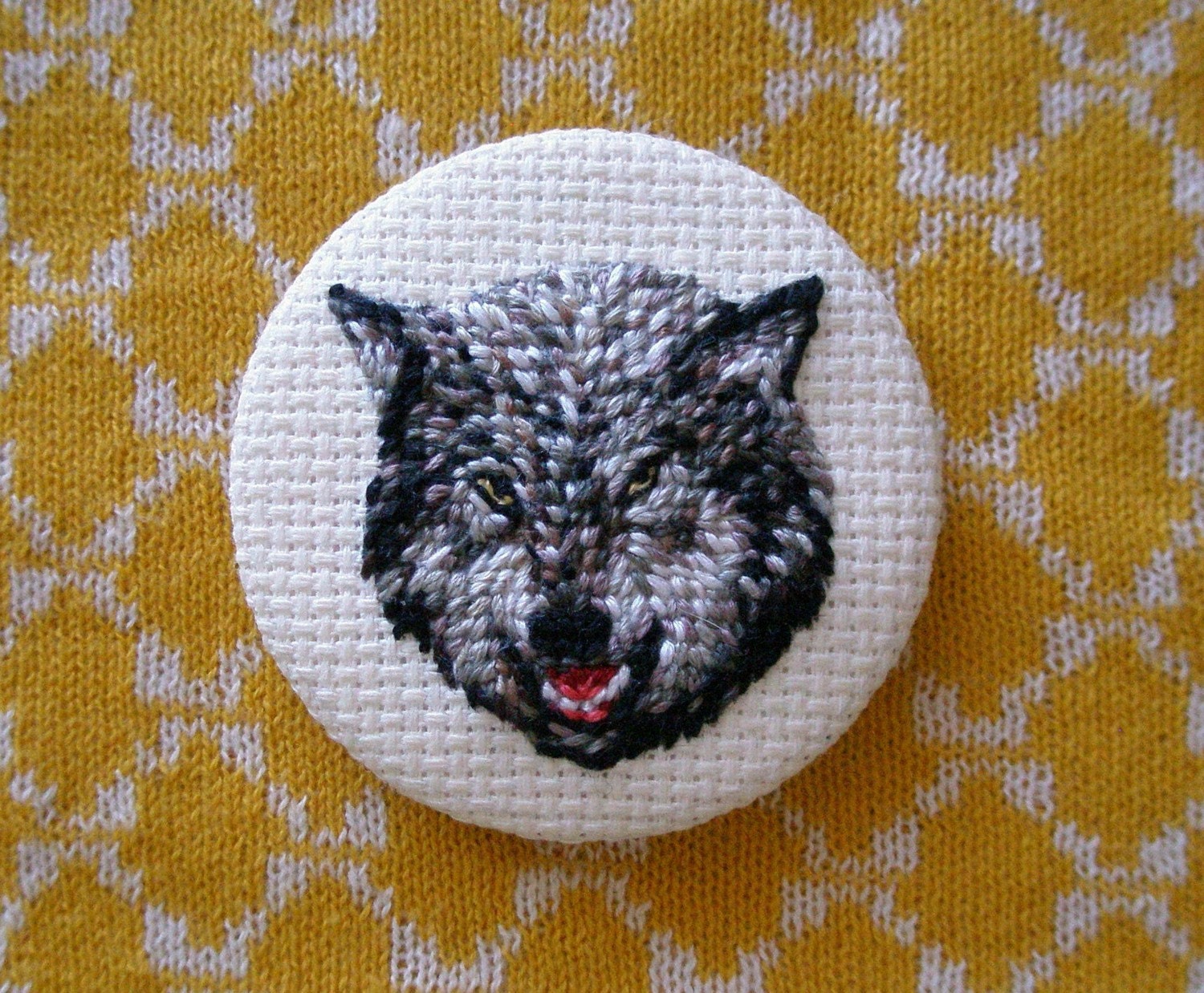 Needlepoint Wolf Beast Button