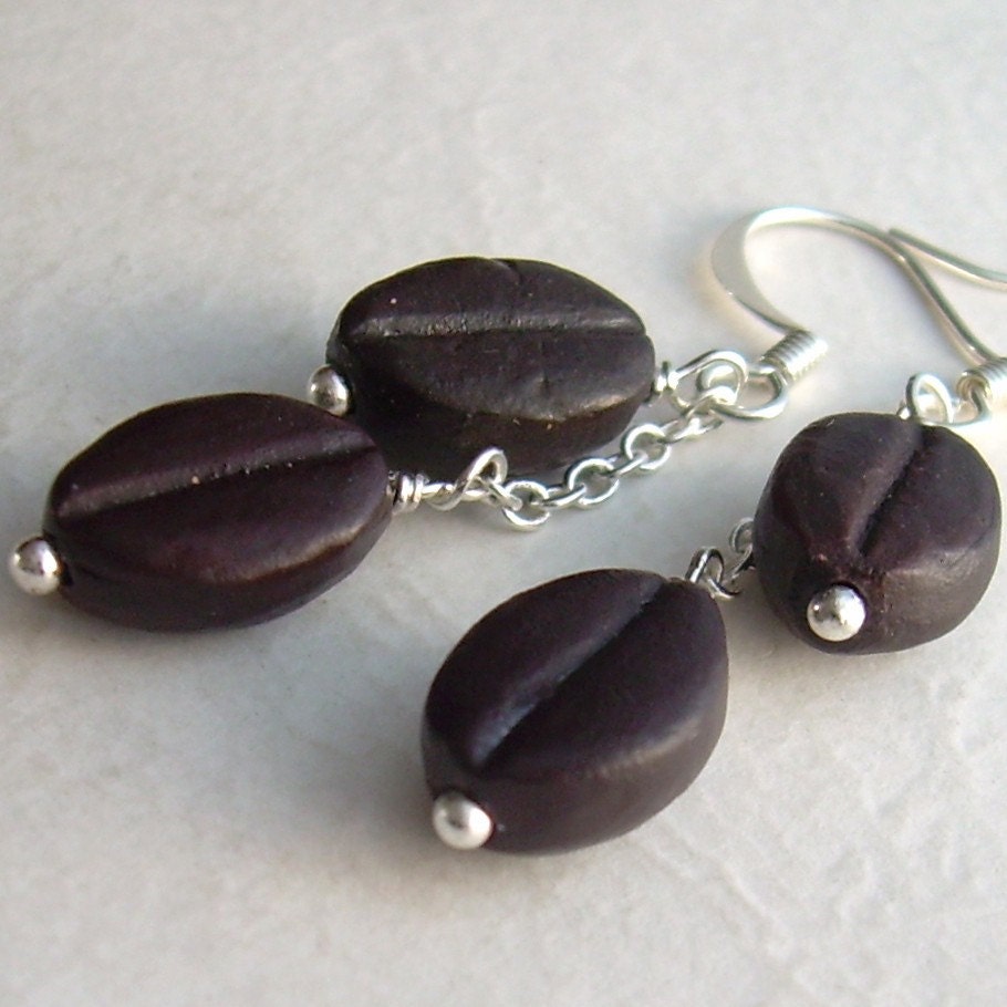 Coffee Bean Earrings, Espresso Brown Ceramic Beads