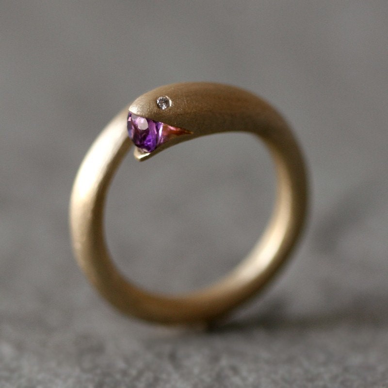 Open Mouth Snake Ring in Brass with Purple Amethyst and Diamonds