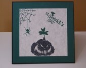 St. Patricks Day Evil Pumpkin Good Luck Card x1 - Jack stole St. Patrick's Day too, Irish, funny, spider, web, clover, crossbones, skull, good luck, lucky, green, halloween, gothic,