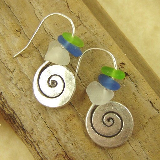 Genuine Sea Glass and Hill Tribe Silver Swirl Dangle Earrings