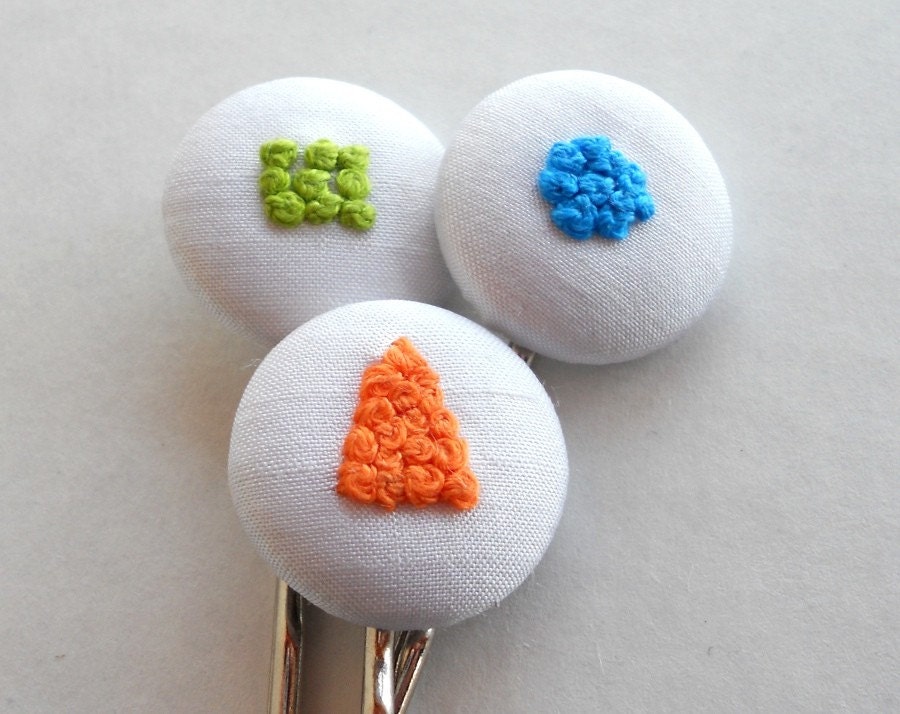 Colorful Shapes Hand Embroidered Silk Bobby Pins - Geometric Circle, Triangle, and Square - Set of Three, Spring Fashion
