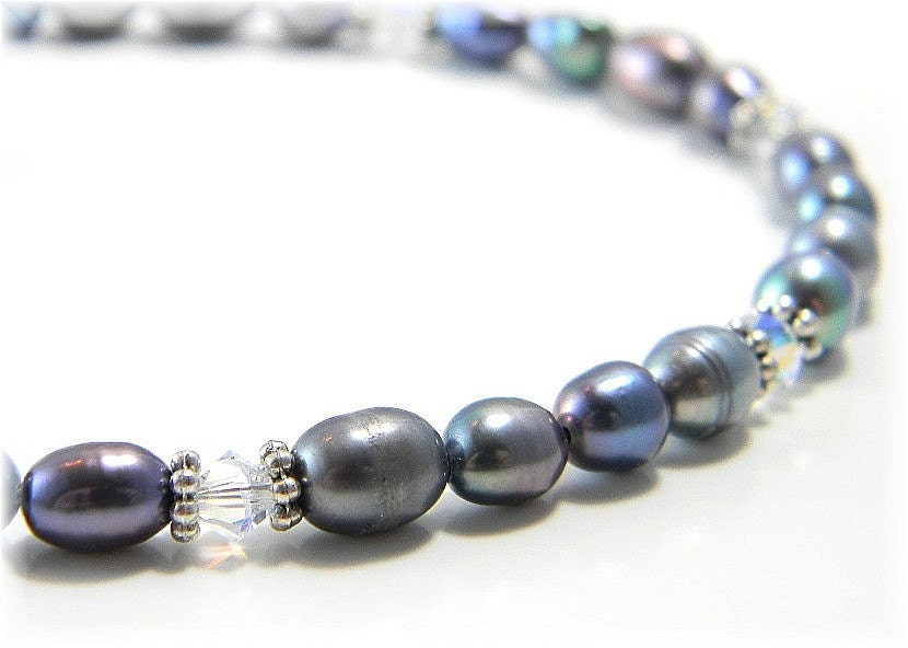 Freshwater Pearl Anklet Peacock Blue and Swarovski Crystal