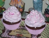 Set of 2 Standard Size Fake Faux Princess Pink Chocolate Cupcakes with Bright Pink Glamour Girl Sprinkles Fairy Dust Sprinkles