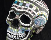 Sugar Skull, Day of the Dead, Stained Glass Mosaic. Life Size, Pink, white, blue. Featured in 45 treasuries and counting.