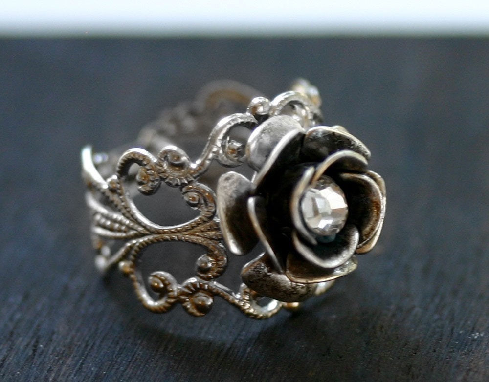 Silver Rose Ring with White or Red Crystal - Neo Victorian Steampunk Adjustable