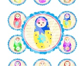 Matryoshka Russian Dolls Cupcake Cake Topper Circle Tea Birthday Party Children Labels Stickers Gift Tags Digital Collage Sheet Images Sh017
