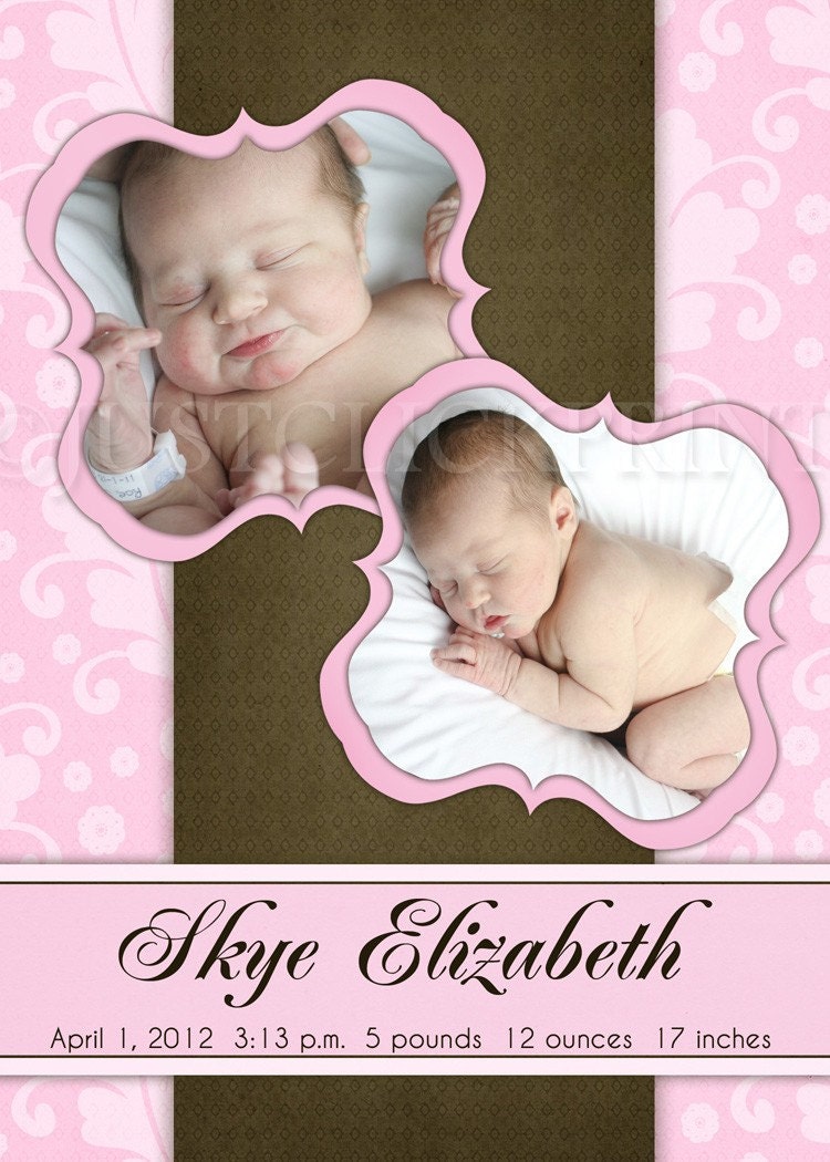 Sweet Dreams Pink Brown Damask Multi Photo Birth Announcement Any Color - Printable UPRINT