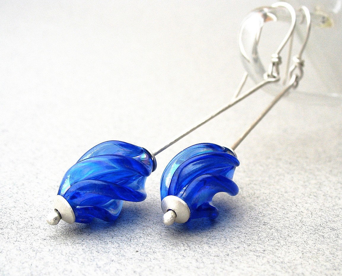 Long Blue Sapphire Minimalist Stem Earrings, Sterling Silver, Vintage Handmade Glass Beads