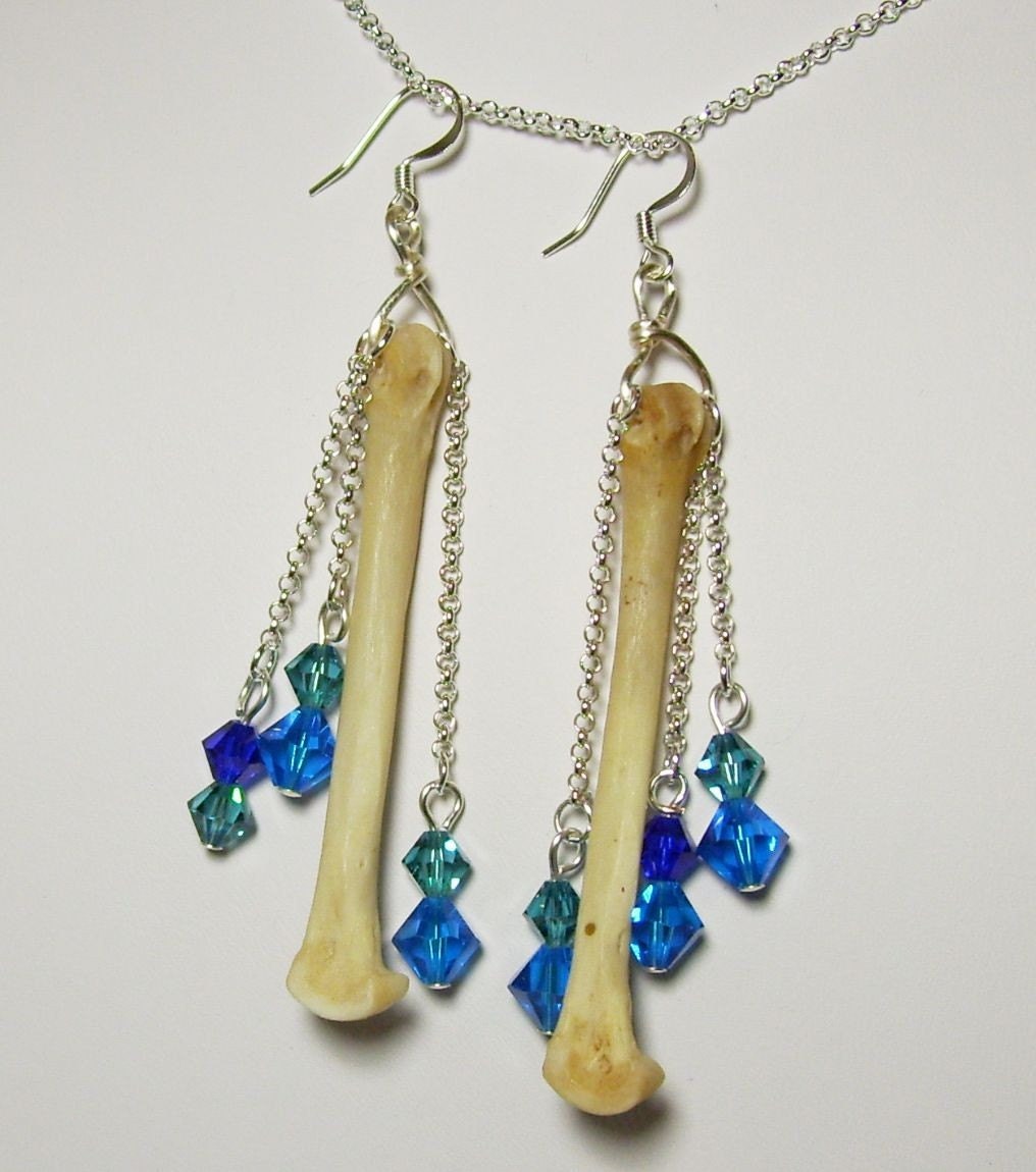 Gorgeous  Antique Silver Gothic Lolita Real COYOTE FOOT BONE Aqua Teal Cobalt Blue Swarovski Crystal  Long Earrings