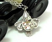 Fleur De Li Steampunk OOAK Necklace Vintage Watch Movement Exclusive Design by Mystic Pieces