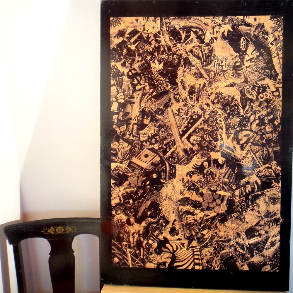 Denial, print on wood -industrial man, mother earth