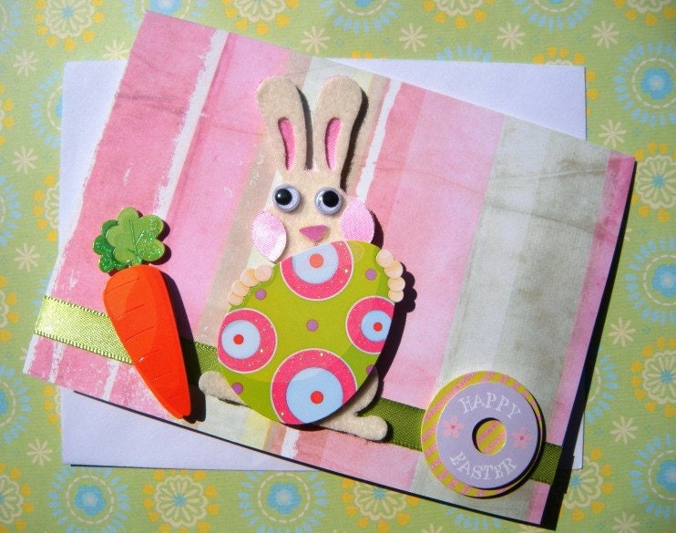 Easter Greetings Note Card Set - Bunny Rabbit, Easter Basket and Easter Eggs with Flowers (Set of 4)