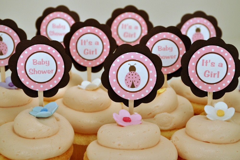 Ladybug Theme Cupcake Toppers - Ladybug Baby Shower Decorations in Pink & Brown