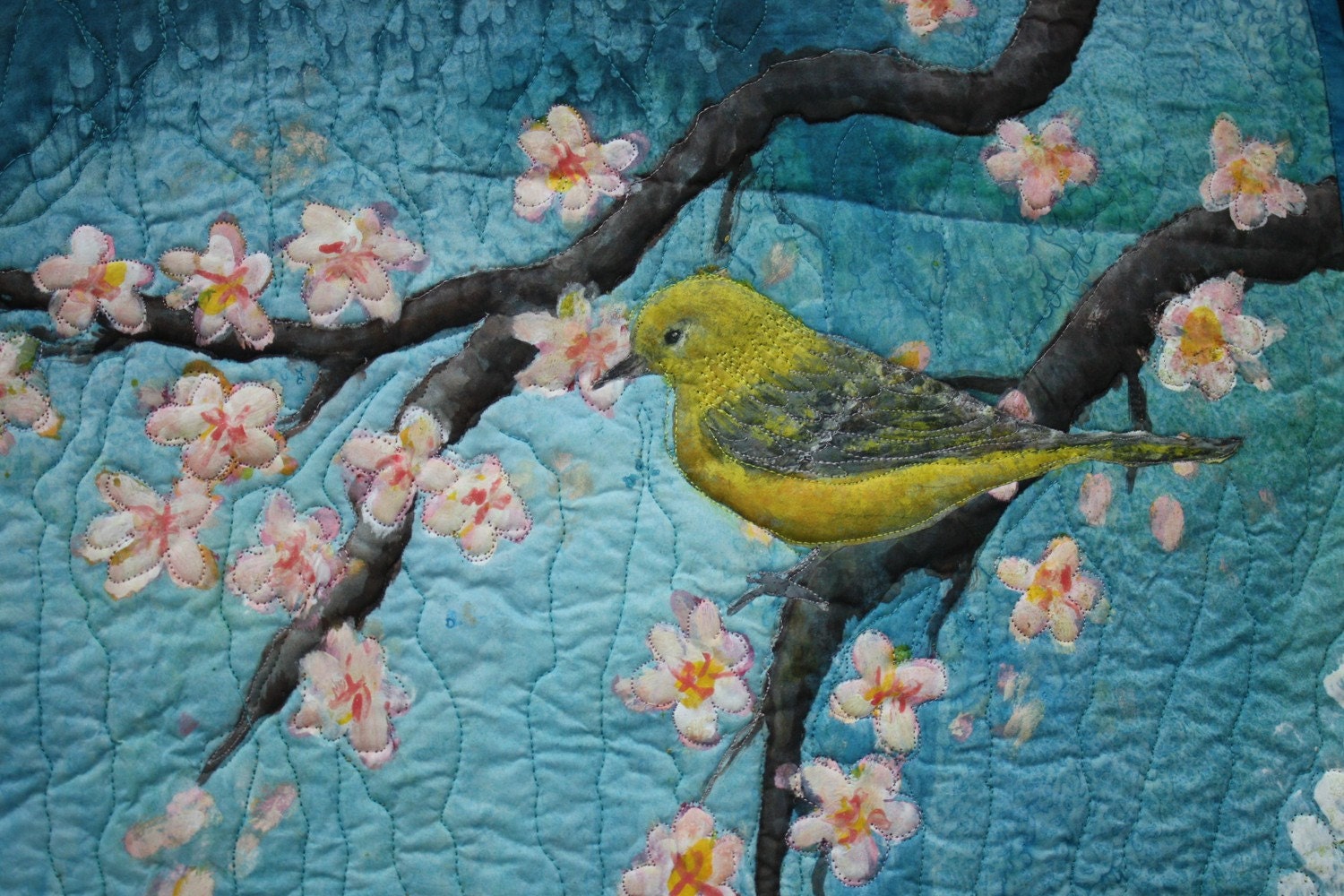 Applique Art Quilt, hand painted silk Under the Cherry Tree